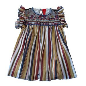 Cristina Striped Embroidered‎ Sheer Ruffle Sleeve Dress Size M